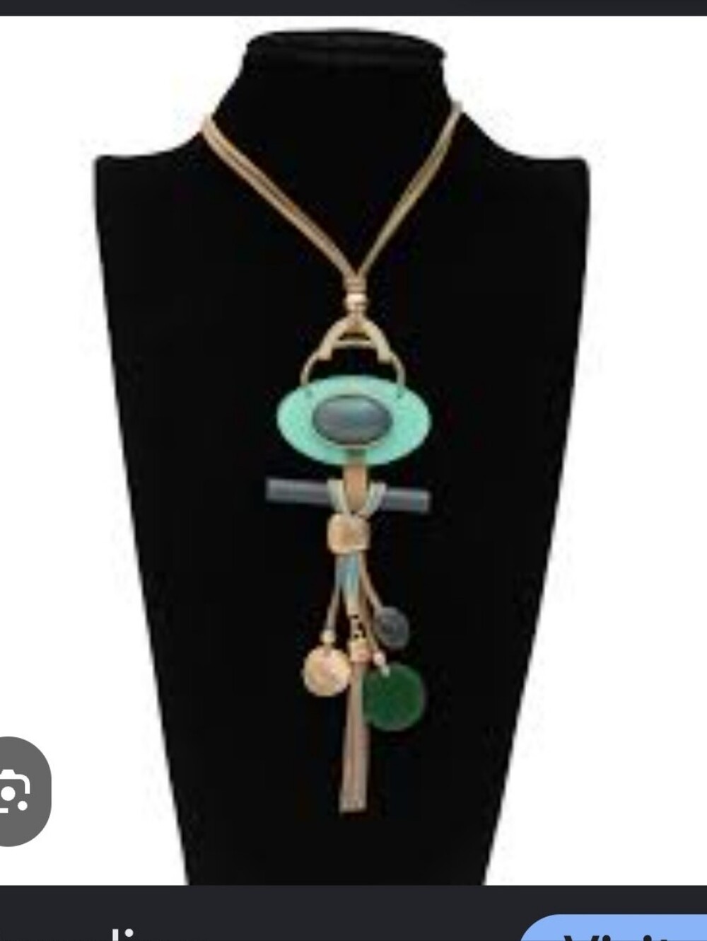 Boho Aqua, Gray & Frosted Goldtone Mixed Media Long Statement Pendant Necklace - Picture 7 of 8